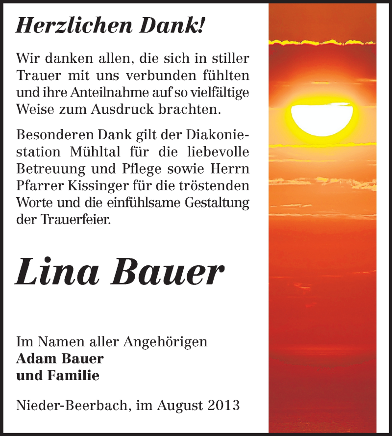  Traueranzeige für Lina Bauer vom 24.08.2013 aus Echo-Zeitungen (Gesamtausgabe)