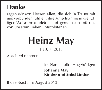 Traueranzeige von Heinz May von Echo-Zeitungen (Gesamtausgabe)