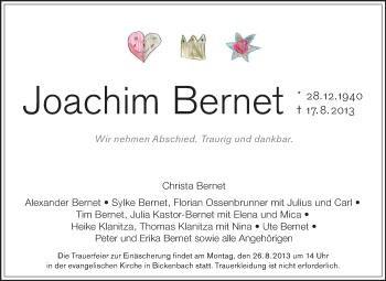 Traueranzeige von Joachim Bernet von Echo-Zeitungen (Gesamtausgabe)