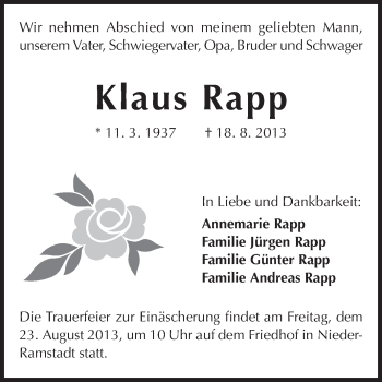 Traueranzeige von Klaus Rapp von Echo-Zeitungen (Gesamtausgabe)