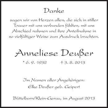 Traueranzeige von Anneliese Deußer von Rüsselsheimer Echo, Groß-Gerauer-Echo, Ried Echo