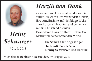 Traueranzeige von Heinz Schwarzer von Odenwälder Echo