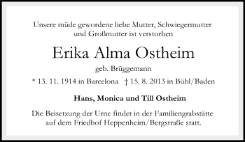Traueranzeige von Erika Alma Ostheimer von Starkenburger Echo