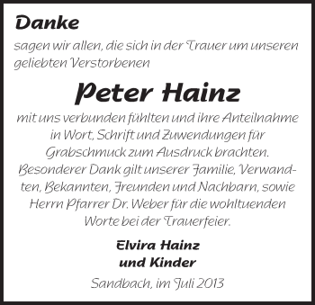 Traueranzeige von Peter Hainz von Odenwälder Echo