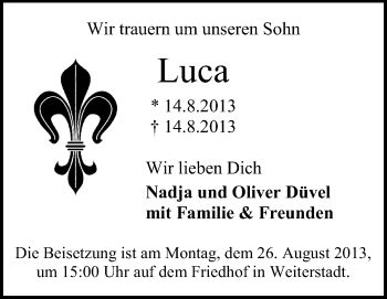 Traueranzeige von Luca  von Echo-Zeitungen (Gesamtausgabe)
