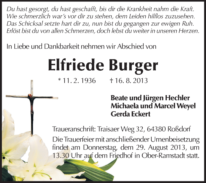  Traueranzeige für Elfriede Burger vom 24.08.2013 aus Echo-Zeitungen (Gesamtausgabe)