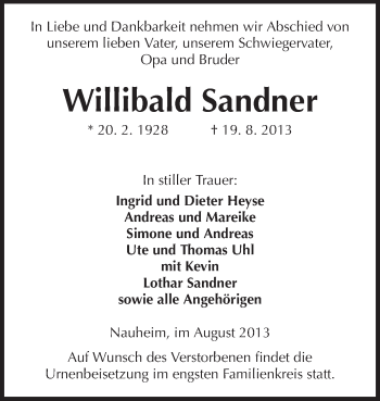 Traueranzeige von Willibald Sandner von Rüsselsheimer Echo, Groß-Gerauer-Echo, Ried Echo