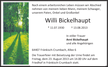 Traueranzeige von Willi Bickelhaupt von Odenwälder Echo