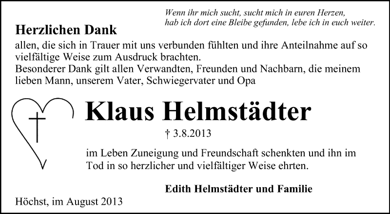  Traueranzeige für Klaus Helmstädter vom 24.08.2013 aus Odenwälder Echo