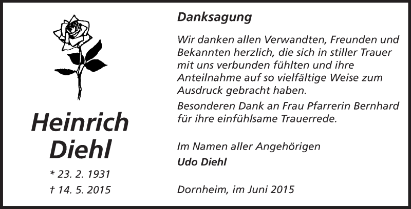  Traueranzeige für Heinrich Diehl vom 17.06.2015 aus Rüsselsheimer Echo, Groß-Gerauer-Echo, Ried Echo