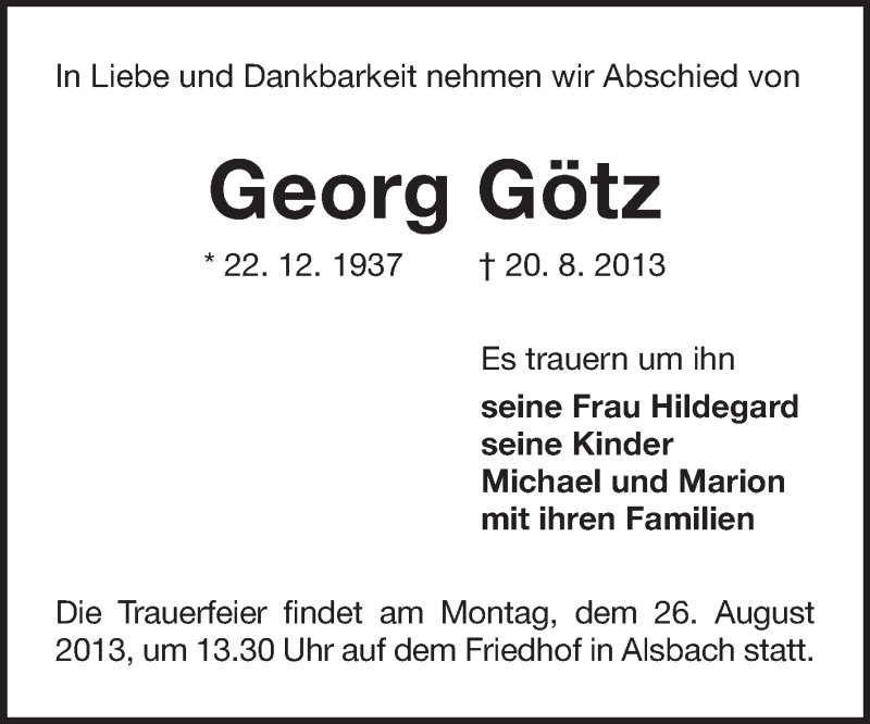  Traueranzeige für Georg Götz vom 24.08.2013 aus Echo-Zeitungen (Gesamtausgabe)