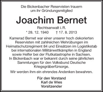 Traueranzeige von Joachim Bernet von Echo-Zeitungen (Gesamtausgabe)