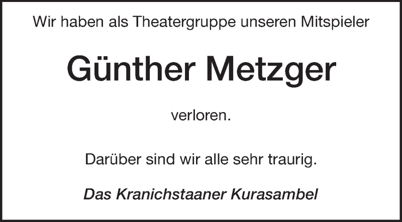  Traueranzeige für Günther Metzger vom 22.08.2013 aus Echo-Zeitungen (Gesamtausgabe)