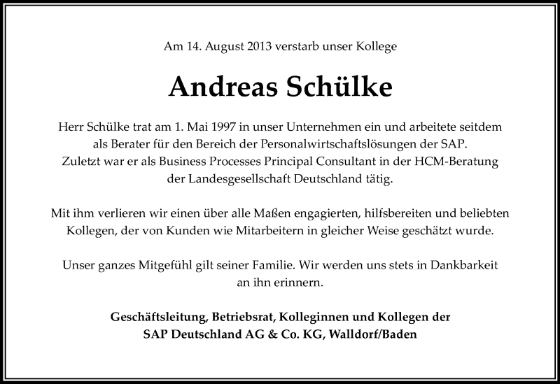  Traueranzeige für Andreas Schülke vom 24.08.2013 aus Echo-Zeitungen (Gesamtausgabe)