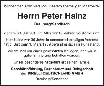 Traueranzeige von Peter Hainz von Odenwälder Echo