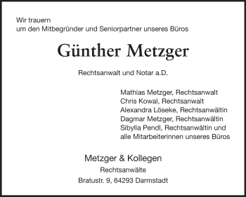 Traueranzeige von Günther Metzger von Echo-Zeitungen (Gesamtausgabe)