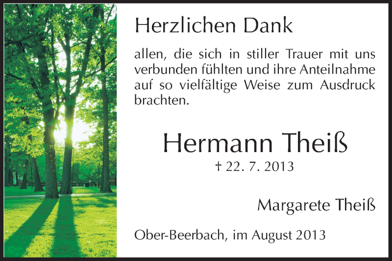  Traueranzeige für Hermann Theiß vom 24.08.2013 aus Echo-Zeitungen (Gesamtausgabe)
