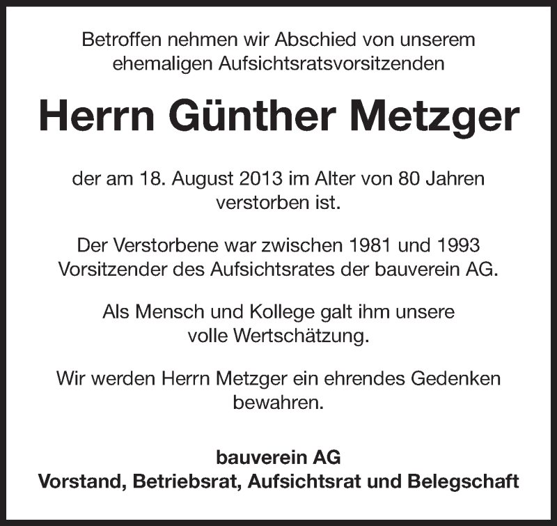  Traueranzeige für Günther Metzger vom 23.08.2013 aus Echo-Zeitungen (Gesamtausgabe)