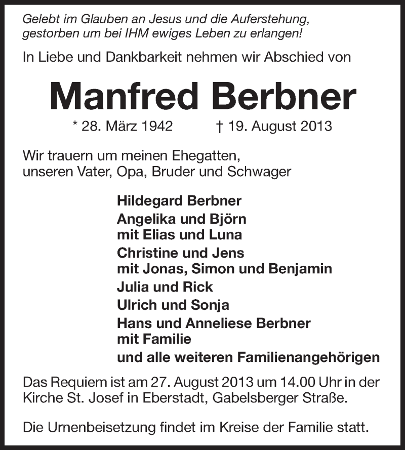  Traueranzeige für Manfred Berbner vom 24.08.2013 aus Echo-Zeitungen (Gesamtausgabe)
