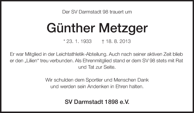  Traueranzeige für Günther Metzger vom 23.08.2013 aus Echo-Zeitungen (Gesamtausgabe)