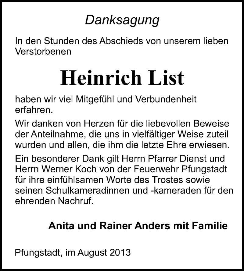  Traueranzeige für Heinrich List vom 24.08.2013 aus Echo-Zeitungen (Gesamtausgabe)