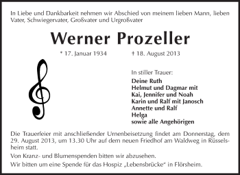 Traueranzeige von Werner Prozeller von Rüsselsheimer Echo, Groß-Gerauer-Echo, Ried Echo