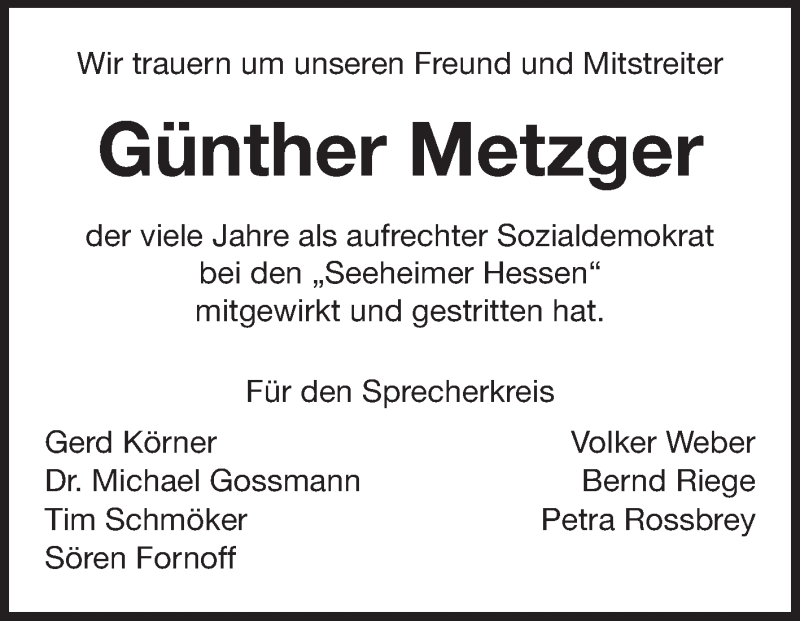  Traueranzeige für Günther Metzger vom 23.08.2013 aus Echo-Zeitungen (Gesamtausgabe)