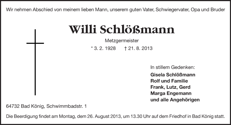  Traueranzeige für Willi Schlößmann vom 24.08.2013 aus Odenwälder Echo