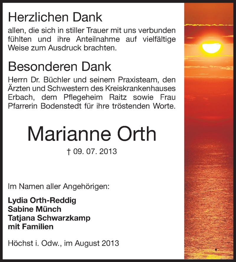  Traueranzeige für Marianne Orth vom 24.08.2013 aus Odenwälder Echo
