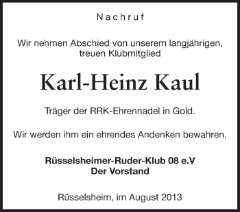 Traueranzeige von Karl-Heinz Kaul von Rüsselsheimer Echo, Groß-Gerauer-Echo, Ried Echo