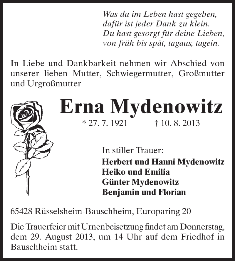  Traueranzeige für Erna Mydenowitz vom 26.08.2013 aus Rüsselsheimer Echo, Groß-Gerauer-Echo, Ried Echo