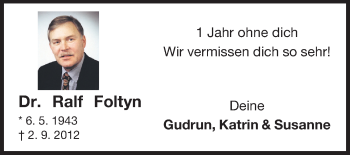 Traueranzeige von Ralf Foltyn von Odenwälder Echo