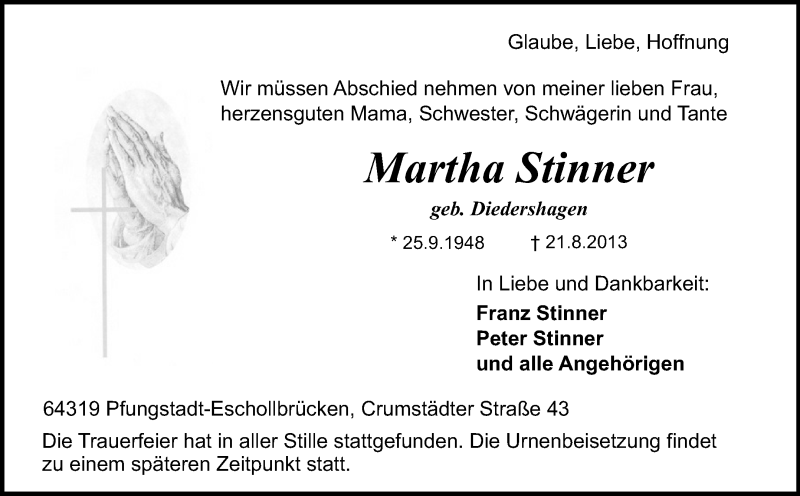  Traueranzeige für Martha Stinner vom 31.08.2013 aus Echo-Zeitungen (Gesamtausgabe)