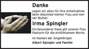 Traueranzeige von Irma Spingler von Rüsselsheimer Echo, Groß-Gerauer-Echo, Ried Echo