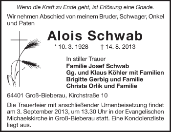 Traueranzeige von Alois Schwab von Echo-Zeitungen (Gesamtausgabe)