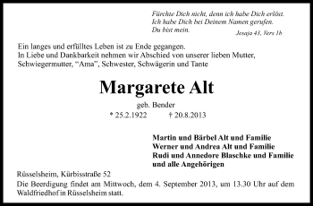 Traueranzeige von Margarete Alt von Rüsselsheimer Echo, Groß-Gerauer-Echo, Ried Echo