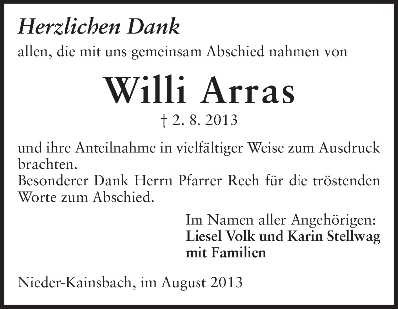  Traueranzeige für Willi Arras vom 31.08.2013 aus Odenwälder Echo