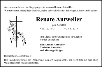 Traueranzeige von Renate Antweiler von Rüsselsheimer Echo, Groß-Gerauer-Echo, Ried Echo
