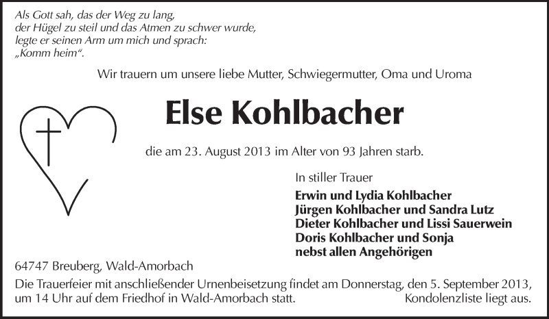  Traueranzeige für Else Kohlbacher vom 02.09.2013 aus Odenwälder Echo