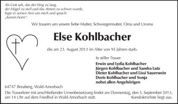 Traueranzeige von Else Kohlbacher von Odenwälder Echo
