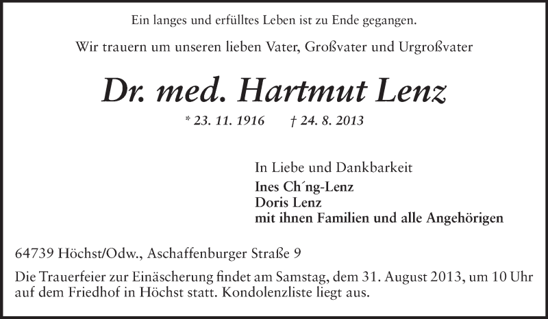  Traueranzeige für Hartmut Lenz vom 29.08.2013 aus Odenwälder Echo
