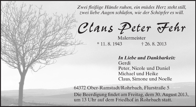  Traueranzeige für Claus Peter Fehr vom 28.08.2013 aus Echo-Zeitungen (Gesamtausgabe)