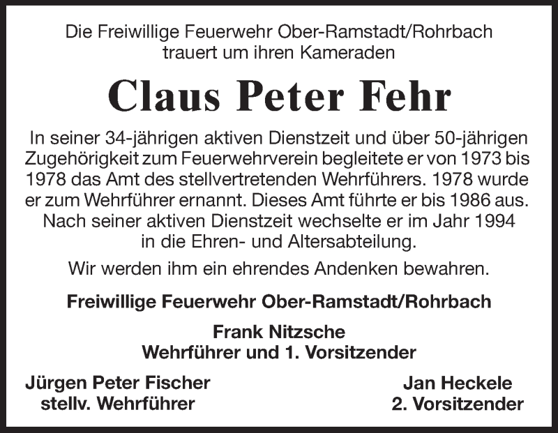  Traueranzeige für Claus Peter Fehr vom 28.08.2013 aus Echo-Zeitungen (Gesamtausgabe)