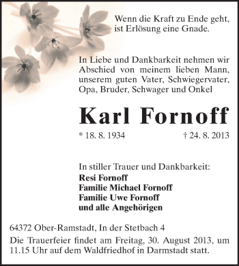 Traueranzeige von Karl Fornoff von Echo-Zeitungen (Gesamtausgabe)