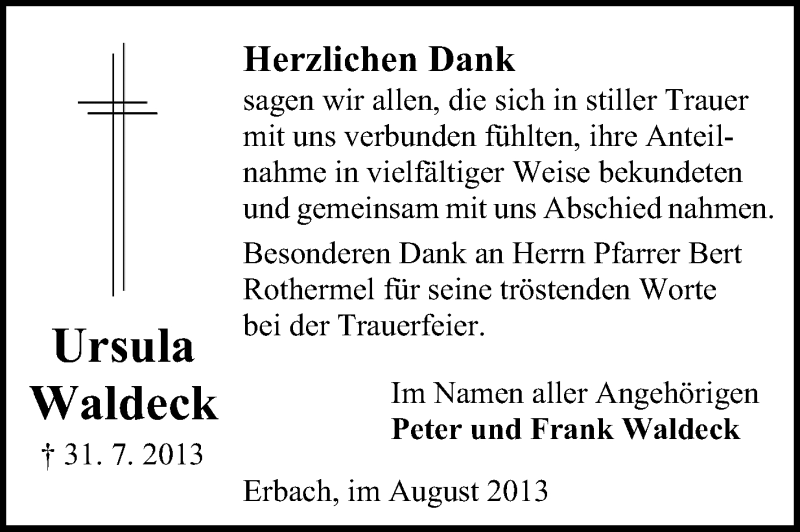  Traueranzeige für Ursula Waldeck vom 30.08.2013 aus Odenwälder Echo