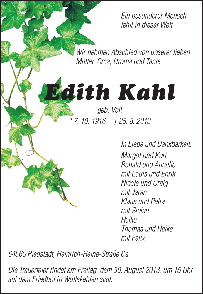  Traueranzeige für Edith Kahl vom 28.08.2013 aus Rüsselsheimer Echo, Groß-Gerauer-Echo, Ried Echo