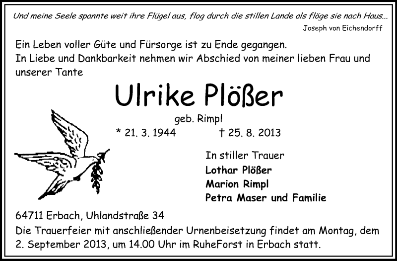  Traueranzeige für Ulrike Plößer vom 28.08.2013 aus Odenwälder Echo