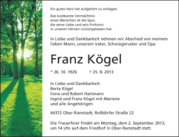 Traueranzeige von Franz Kögel von Echo-Zeitungen (Gesamtausgabe)