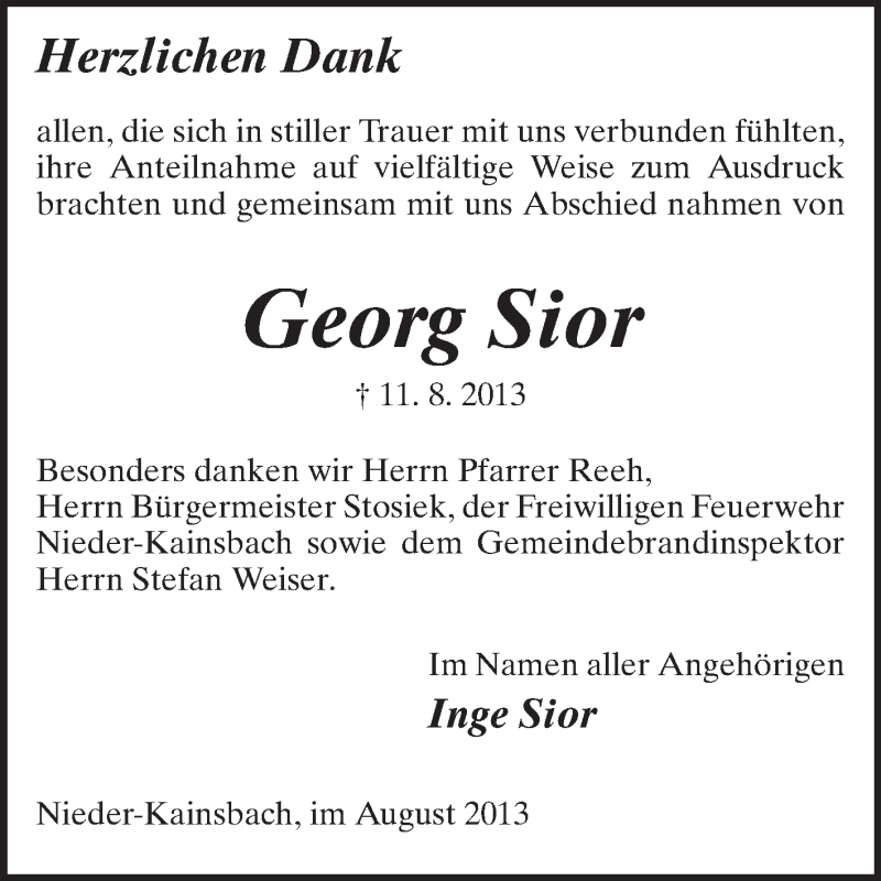 Traueranzeige für Georg Sior vom 31.08.2013 aus Odenwälder Echo