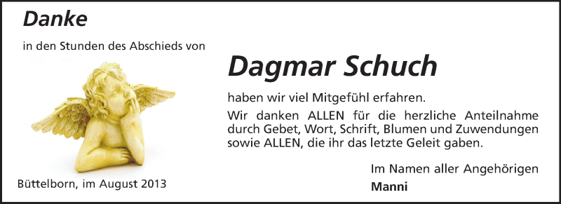  Traueranzeige für Dagmar Schuch vom 31.08.2013 aus Rüsselsheimer Echo, Groß-Gerauer-Echo, Ried Echo